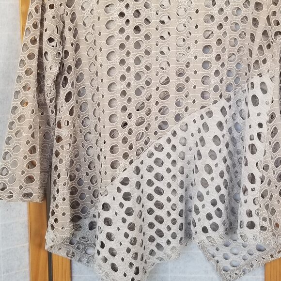 Yushi laser-cut, cowl neck, long-sleeve tunic top with asymmetric hem tan - Picture 6 of 6